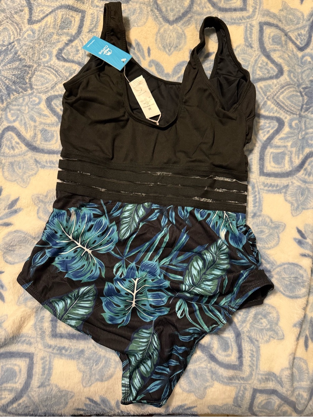 Cupshe Black One-Piece Swimsuit with Blue Tropical Leaf Print Size Medium NWT